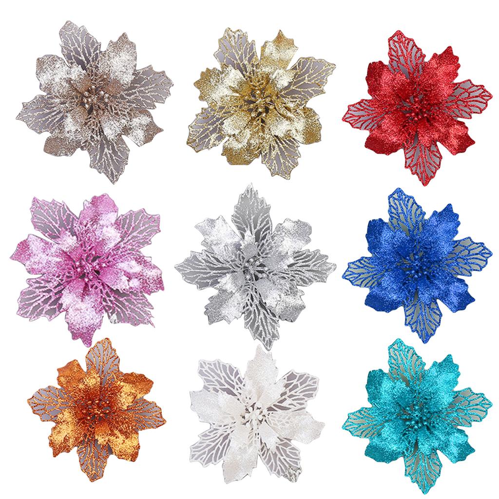 10pcs 11cm Big Artificial Glitter Flower Christmas Tree Pendants Ornament DIY Xmas Party Decoration