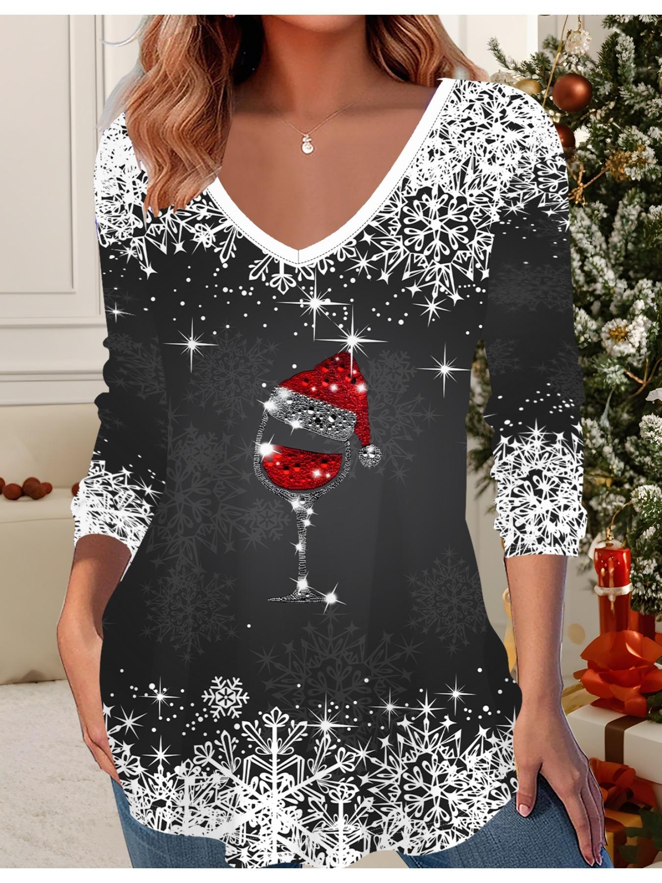 

3D Рождественская Принтованная Модная Повседневная Женская Футболка с V-образным вырезом и длинным рукавом - Одежда для новогодней вечеринки, Праздничный подарок 6XL
