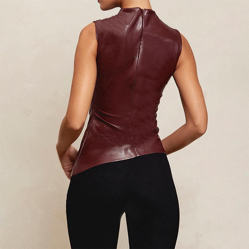Sleeveless Asymmetrical Hem Leather Mock Neck Top – Women's European/American Style, 2026 Spring/Summer Collection