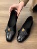 Cowhide version~ retro shallow mouth small leather shoes gold coin square head low heel grandma shoes one pedal black single shoes loafers