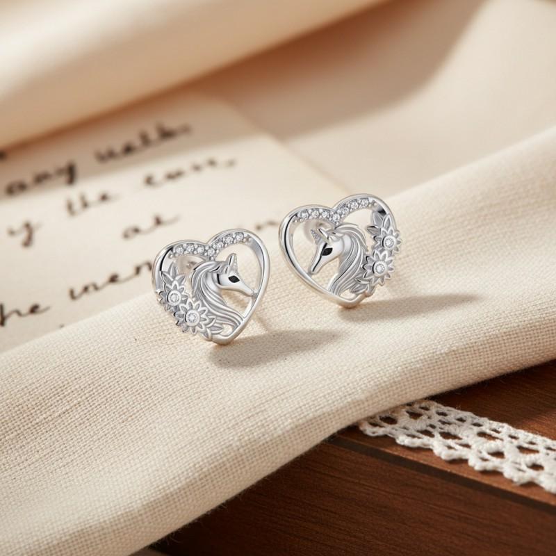 Minimalist Unicorn Horse Heart Stud Earrings Women Needle Copper Body Elegant Daily Wear Jewelry