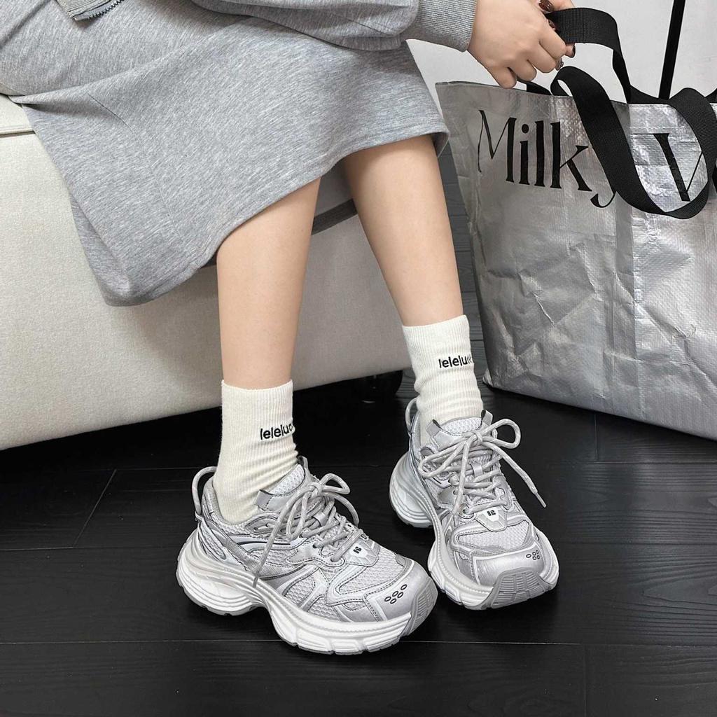 Mesh Platform Dad Shoes Women's Spring New Leather Non-slip Fashion Versatile Breathable Casual Sports Shoes