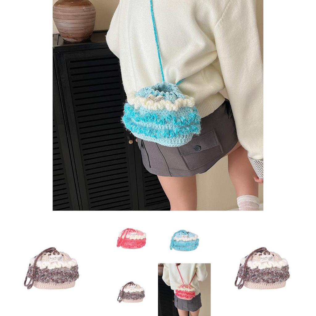 Cotton Linen Knitting Water Bucket Style Shoulder Bag For Kids And Teens