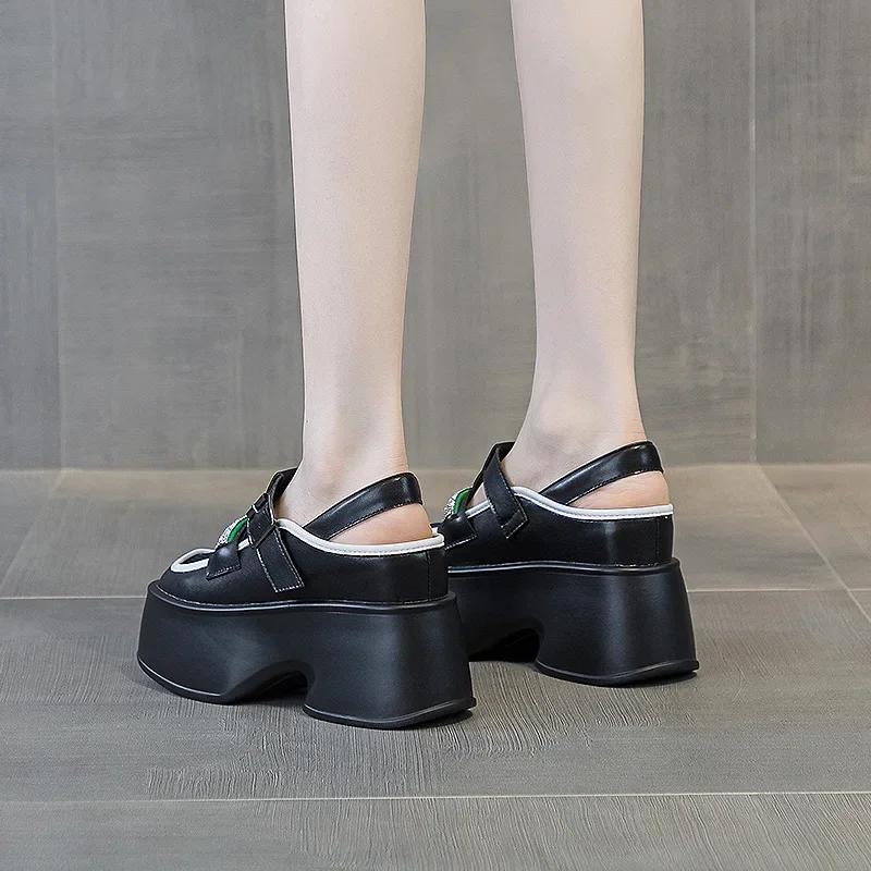 Fashion 11cm New Women's Genuine Leather Sandals Height Increasing Wedges Net Yarn Roman Style Hole Shoes Square Head Cool Trendy