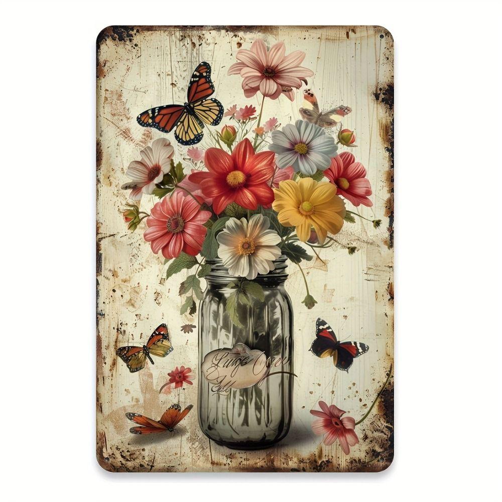 Vintage Metal Wall Poster Teal Rose Teacup 20x30cm Wall Decor
