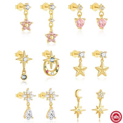 S925 Silver Niche Design Pink Zirconium Five-Petaled Flower Temperament Personality Versatile Fashion Popular Stud Earrings