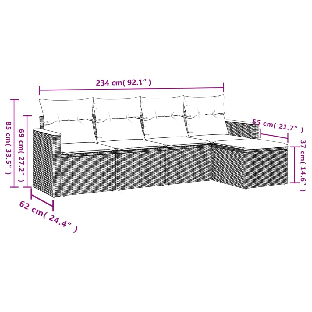 Vidaxl 5-Cz. Garden Lounge Set, Cushions, Grey PE Rattan