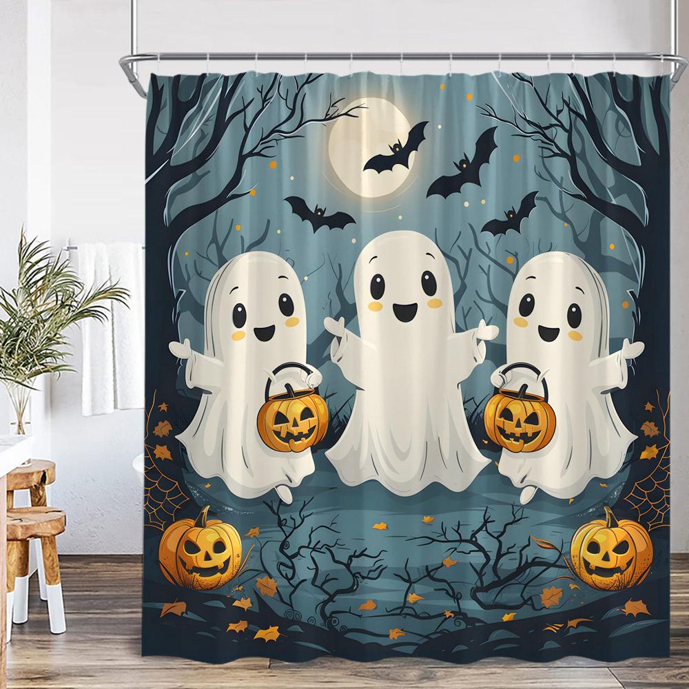 White Ghost Halloween Spectre Shower Curtain Pumpkin Lanten Spooky Happy Halloween Bathroom Decor Polyester Fabric Bath Curtain