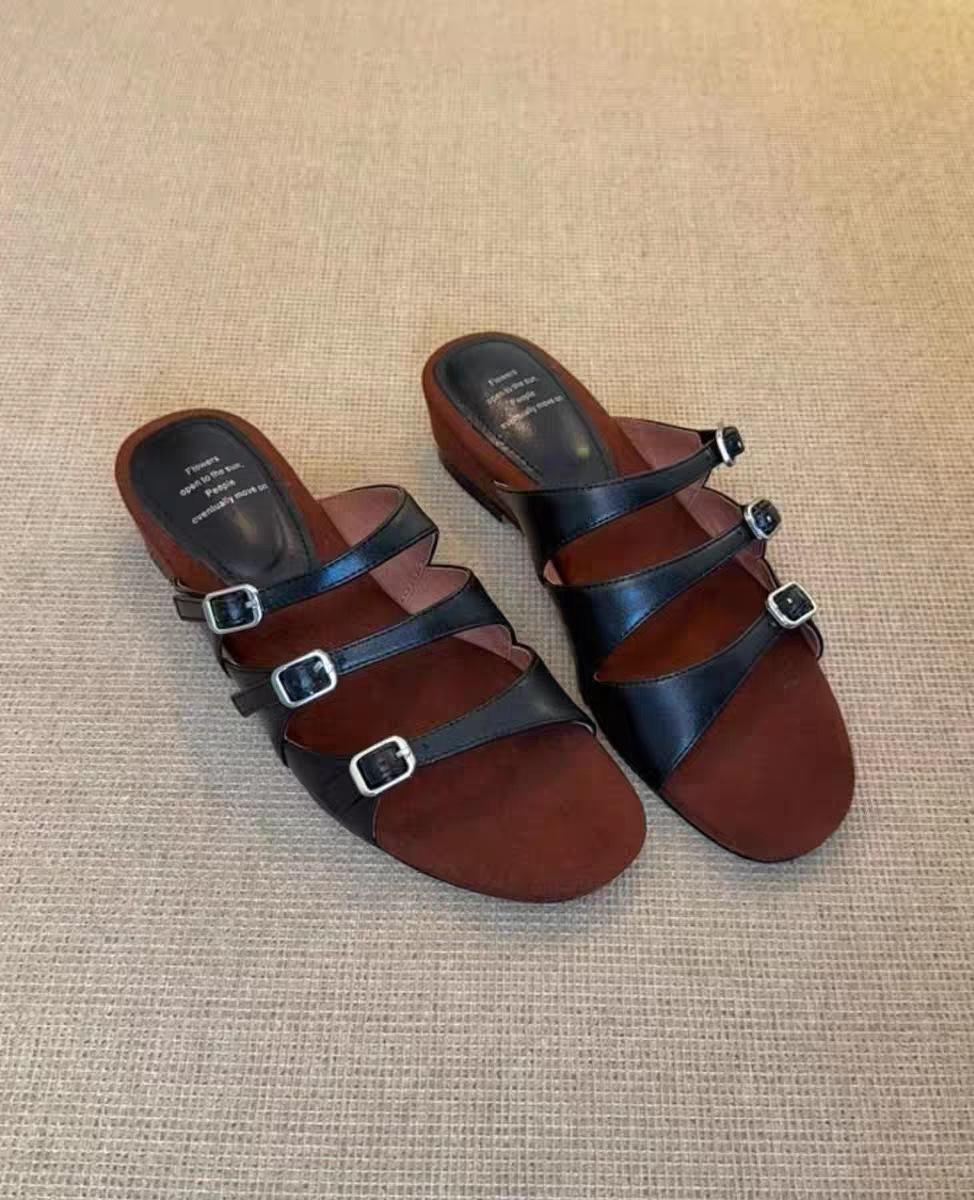 

Spot French niche Roman slope casual thick heel one-word belt buckle design open-toed sandals 35