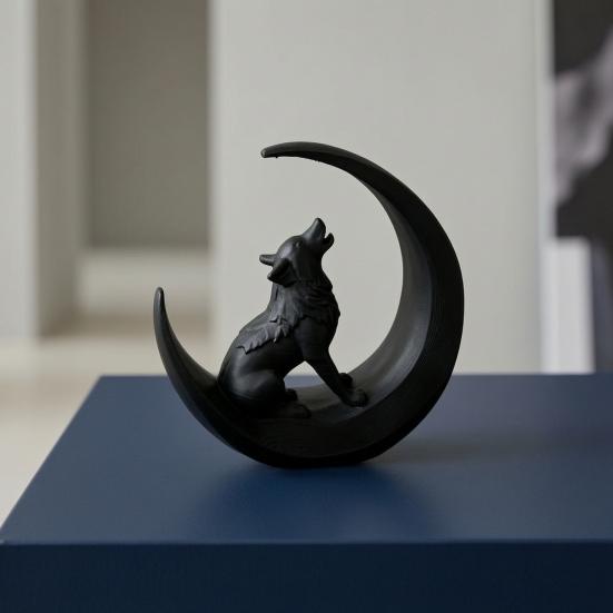 3D Printed Howling Wolf Statue, Wolf On Moon Figurine, Black Wolf Sculpture for Home Office Study Room Desktop Decor