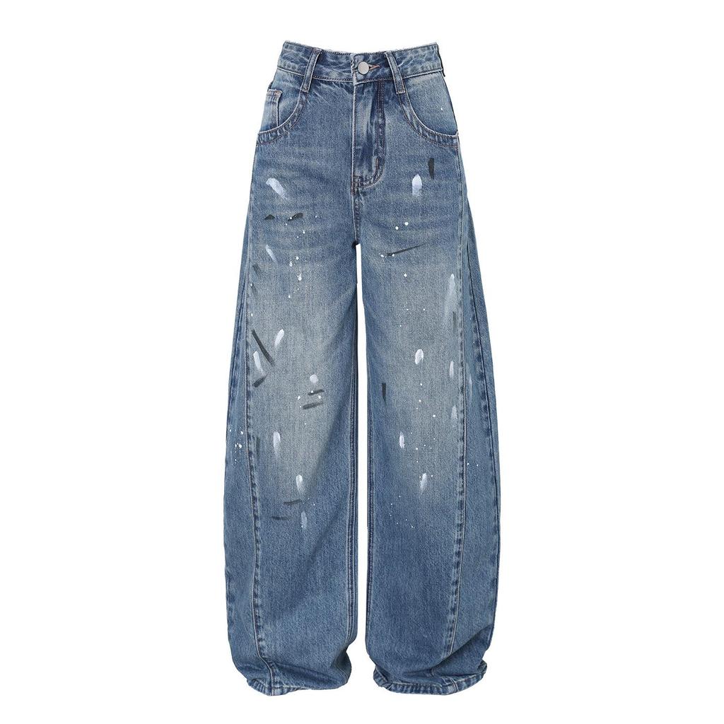 Women's Ink Splash Paint Graffiti Wide-Leg Jeans, 2026 Spring/Autumn High Street Style, Loose Straight-Leg Pants