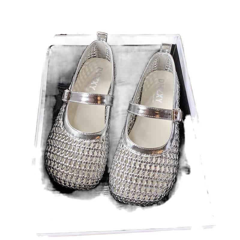 Mesh Breathable Flat-soled Single Shoes Women's 2025 Summer New Hollow Woven Round Head One-word Buckle with Mary Jane Sandals