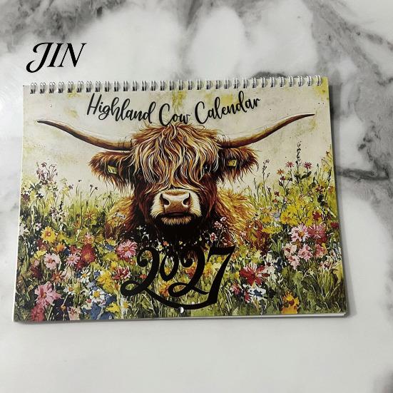 Thick Paper Wall Calendar Highland Cow 2027, 12 Month Hanging Planner with Monthly Planning Large Daily Blocks, Home Office Organizer, Lover