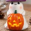 Halloween Witch Hat Decoration Ghost Night Light, Resin Figurine with Glowing Pumpkin Bucket, Warm Cozy Autumn Room Accents LED Amber Lamp, Farmhouse