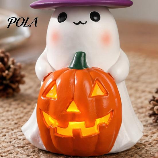 Halloween Witch Hat Decoration Ghost Night Light, Resin Figurine with Glowing Pumpkin Bucket, Warm Cozy Autumn Room Accents LED Amber Lamp, Farmhouse