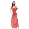 French high-end lace v-neck red plaid suspender dress for women's summer waist vacation style hip-wrapped long skirt