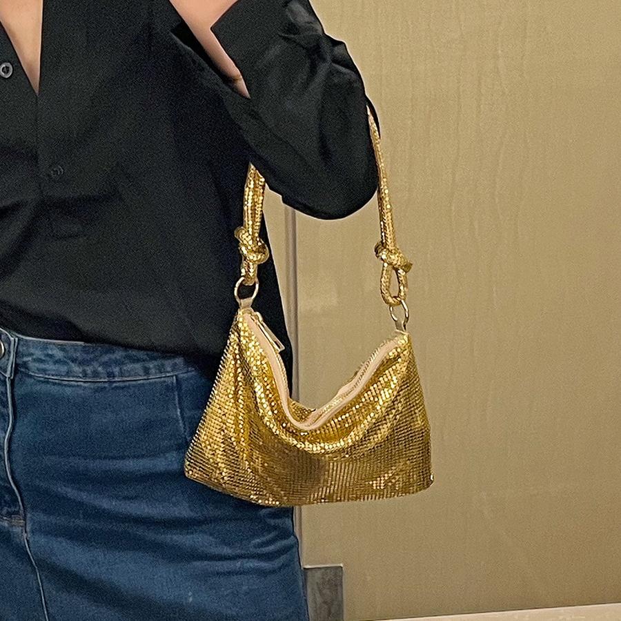 Aluminium Bankett Unterarm-Clutch Tasche Glänzender Geknoteter Griff Strasssteine Abendparty Luxus Hobo Handtasche Gold/Silber Schultertaschen