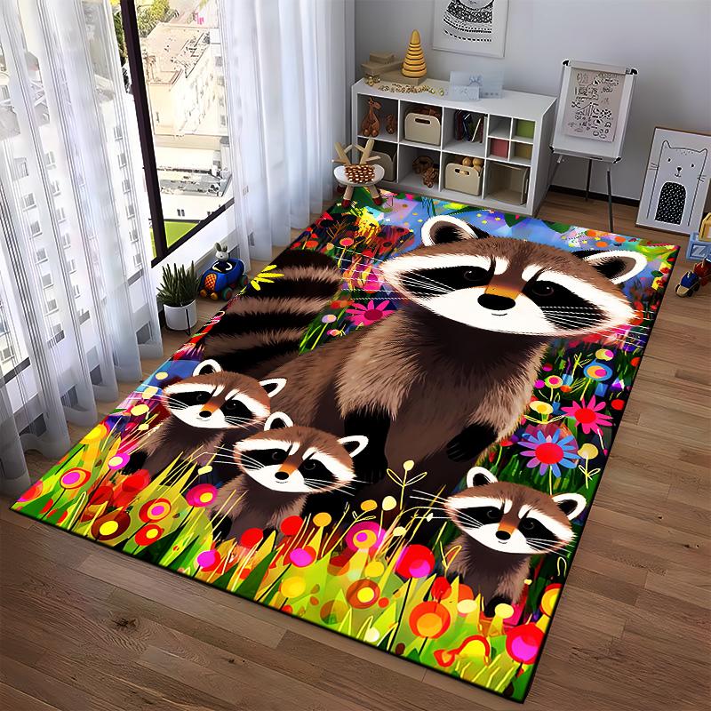 "Colorful Raccoons in Vibrant Floral Meadow Cartoon Design Rug" Suitable for use as an anti-slip for living room bedroom sofas