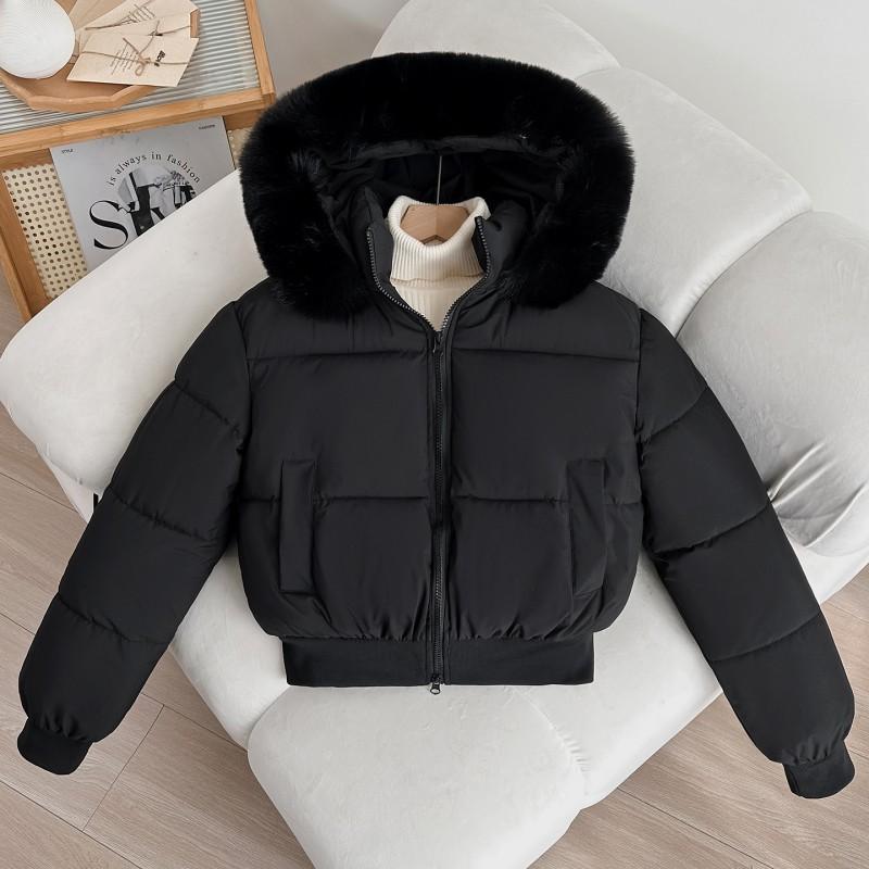 Womens Short Puffer Coat With Faux Fur Collar Hooded Thick Winter Jacket Small Stature