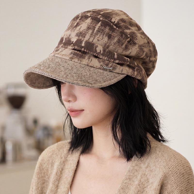 Tie-dye gradual change pleated pile hat women's autumn and winter retro short-brimmed newsboy hat lazy warm face cover cap