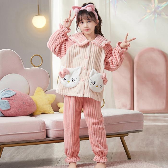 Kids' Flannel Cartoon Pajamas - Warm Coral Fleece for Girls, Autumn/Winter Collection