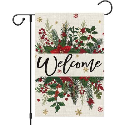 Welcome Christmas Garden Flag  Double-Sided Poinsettia Flower Holly Snowflake Yard Banner for Winter Holiday Xmas Seasonal Outdoor Decoration (Solely 