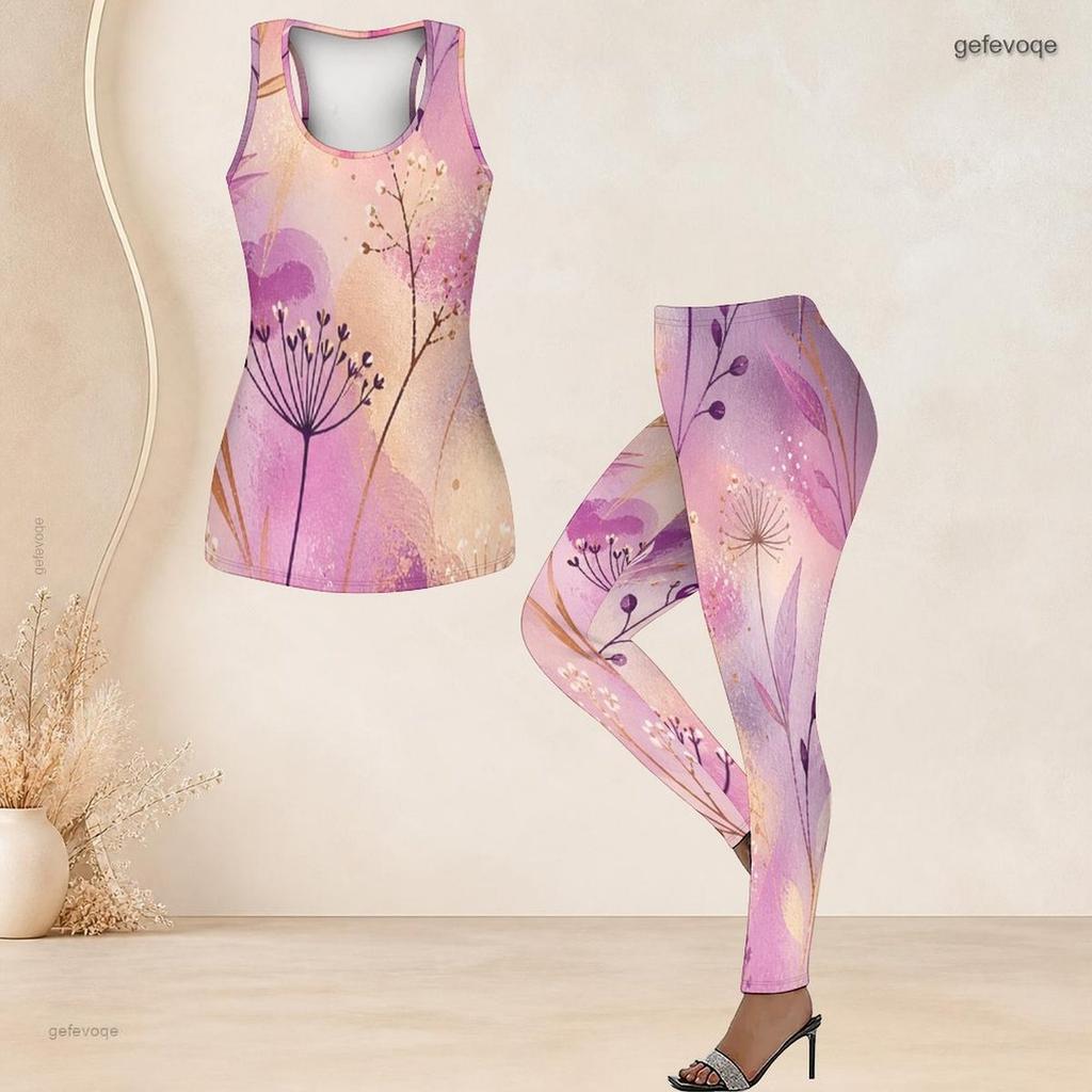 Women Plus Size Two Piece Set Scoop Neck Sleeveless Sage Green Floral Printed Tank Top Fitted Pants