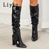 Fashion Liyke 2025 Autumn Winter Pleated Patent Leather Knee High Boots Female Pointed Toe Slip On Motorcycle Shoes Women Square Heels