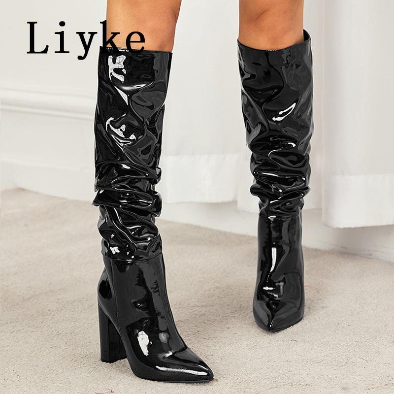 Fashion Liyke 2025 Autumn Winter Pleated Patent Leather Knee High Boots Female Pointed Toe Slip On Motorcycle Shoes Women Square Heels