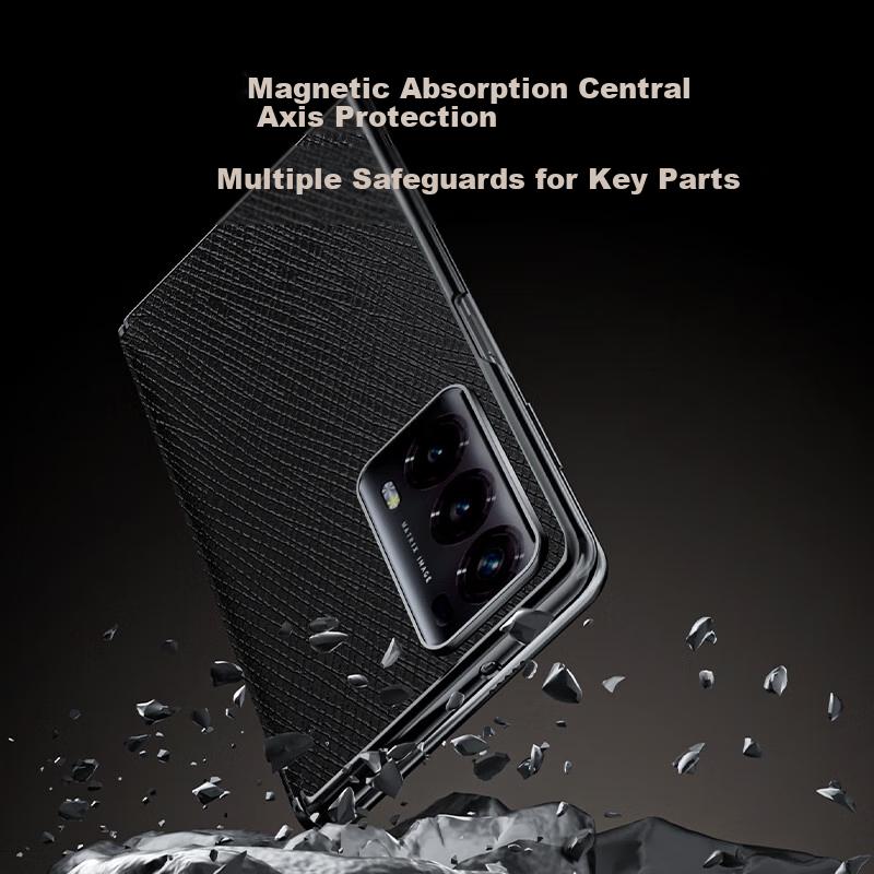Honor Magic V2 Phone Case Huawei Magic V2 Foldable Screen Central Axis Electroplated Faux Leather Shockproof Premium Simple Unisex Black Leather Case