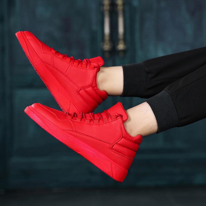 Red Benmingnian Men's Leather Casual Lace-Up Shoes - Autumn Trendy, Versatile, Flat Design