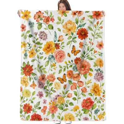 Colorful Watercolor Floral Blanket, Flannel Fleece Throw Blanket Soft Cozy Lightweight Blankets for Sofa Couch Bed Home Decor