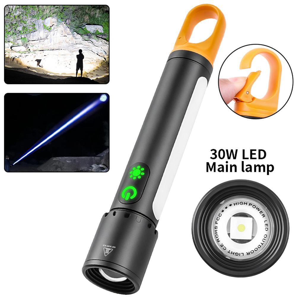 Multifunctional LED Flashlight 750LM 21700 USB C Charging Portable Zoom Torch With Hook Outdoor Camping Fishing Lantern