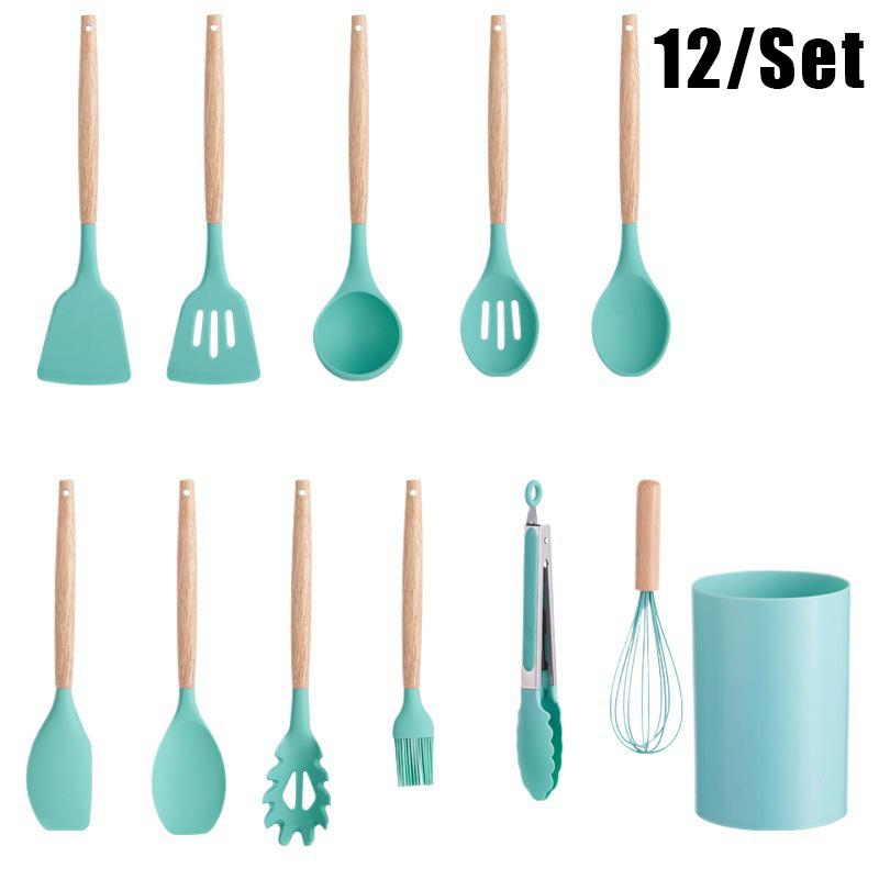 Conjunto de 12 Utensílios de Cozinha com Cabo de Madeira, Silicone Resistente ao Calor, Anti-riscos e Livre de BPA