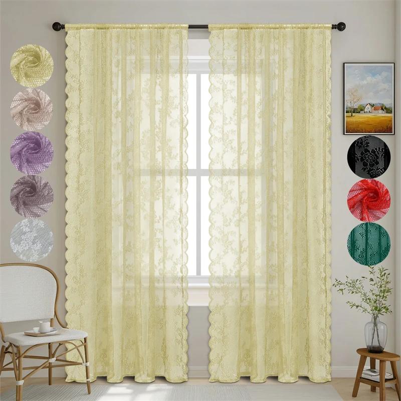 1 Panel Vintage Lace Curtains Rod Pocket Sheer Curtain Long-Romantic Flowers Branch Window Curtain for Living Room French Decor