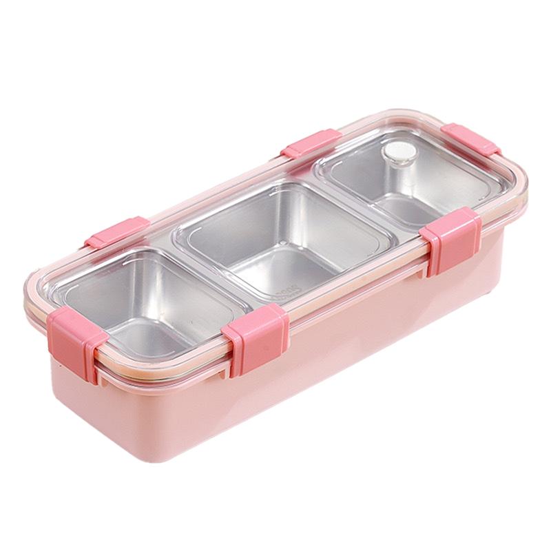 

Ланч-бокс с 3 отделениями, Ланч-бокс из нержавеющей стали, Портативный контейнер для хранения еды для детей, Непротекающий контейнер для закусокabkw розовый
