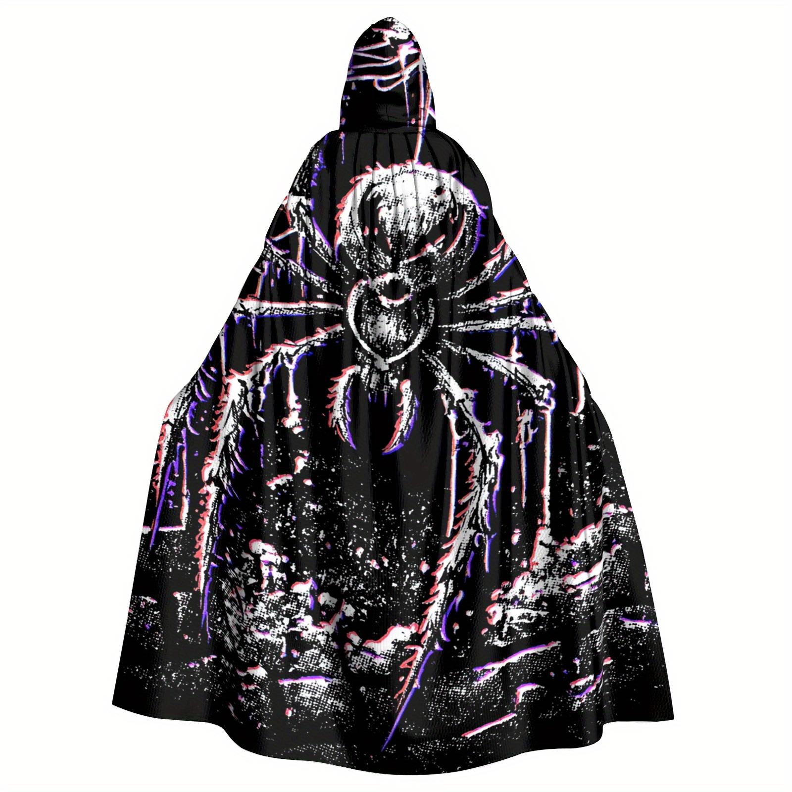 

Винтажный готический плащ с капюшоном «Паук» для взрослых - Черный с фиолетово-синим паучьим узором, машинная стирка, идеально подходит для ужасов One Size