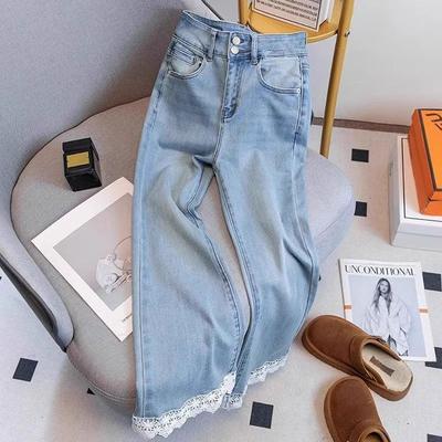Big Yards Light-colored Nine-minute Micro-large Jeans Female Summer Thin Section of High-waisted Elastic Skinny Flared Pants Retro Jeans for Ladies