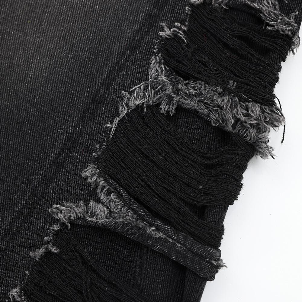 Shorts en denim amples à jambes droites pour hommes, été, high street, tissu patchwork avec bords en fourrure, moustaches de chat, shorts à jambes larges