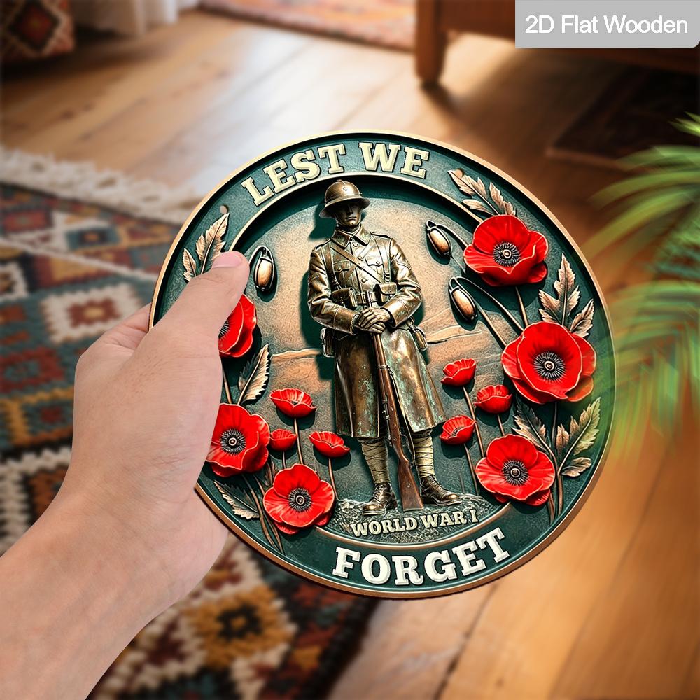 2D Flaches Gedenktag Lest We Forget Erster Weltkrieg Holz Hängeschild, Vintage Bronze Stil Runde Plakette mit Roten Mohnblumen & Soldat, Patriotisches Gedenken