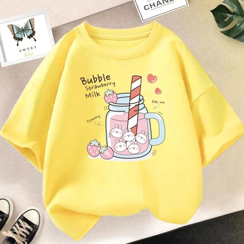 Strawberry Juice Graphic Print T-shirt Girls Aesthetic Pink Tops Tee 2024 Summer New Fashion Women T Shirt