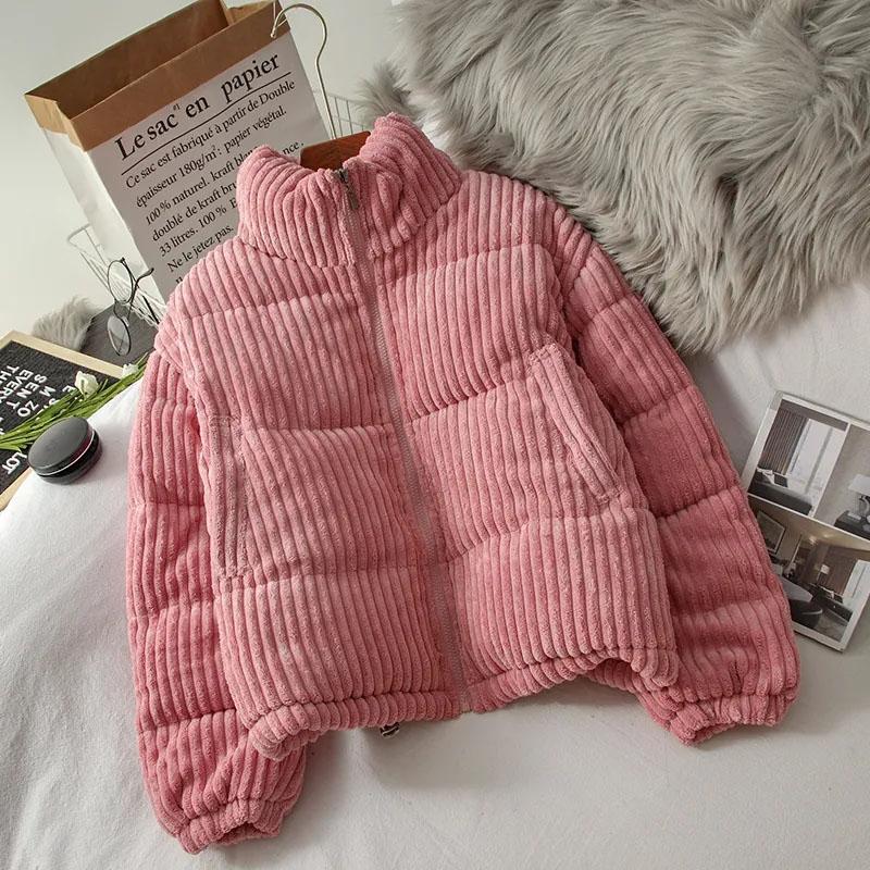 Korean Style Winter Corduroy Short Jacket for Women Black Loose Coats Casual Bread Warm Girl Oversize Coat Thick Parkas