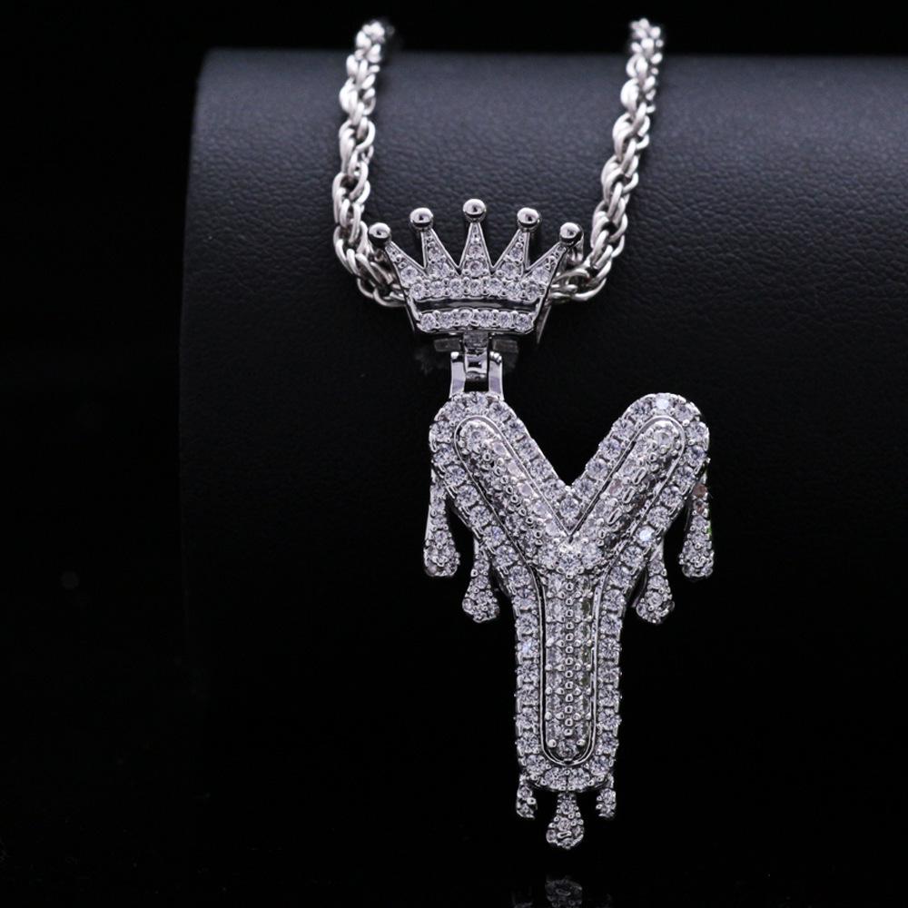 Stylish Hip Hop Zircon Crown Pendant Necklace with 26 English Letters for Women