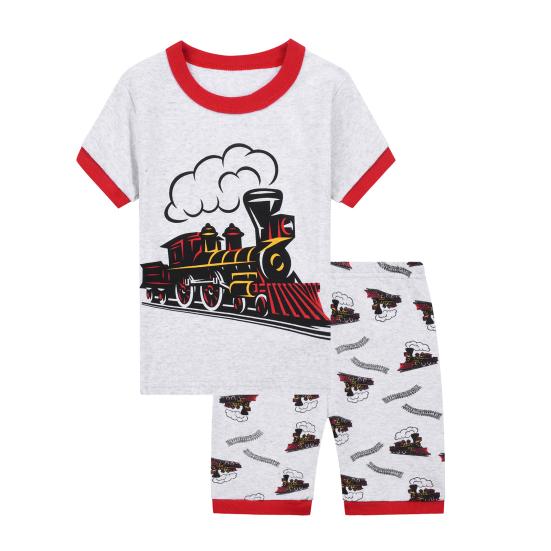 

2 шт./комплект детский топ брюки костюм мультяшный поезд печать O-образный вырез короткий рукав 8T серый