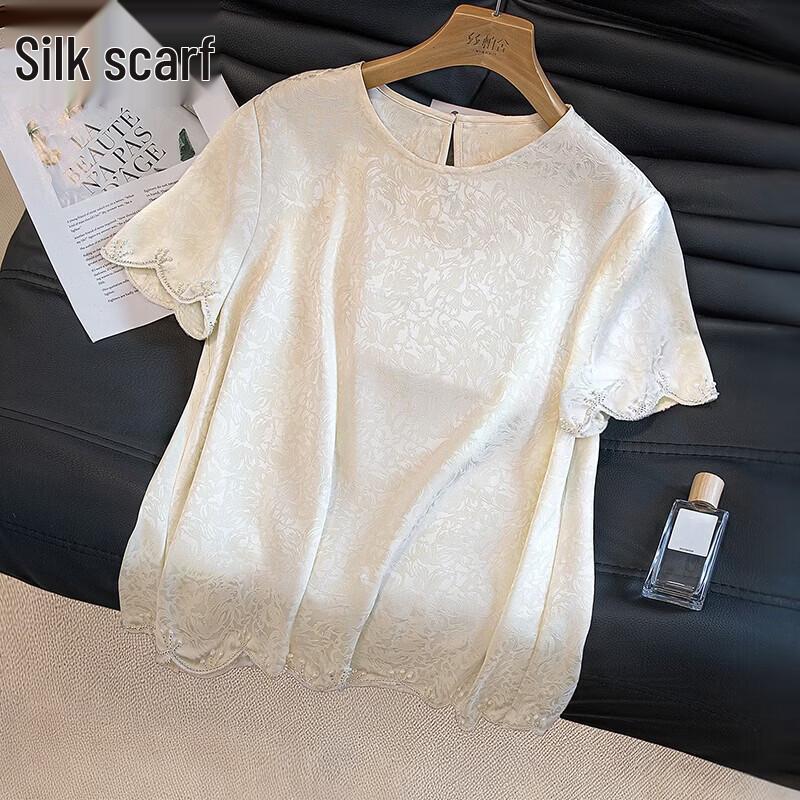 Women s Elegant Beaded Round Neck Three-Quarter Sleeve Blouse S