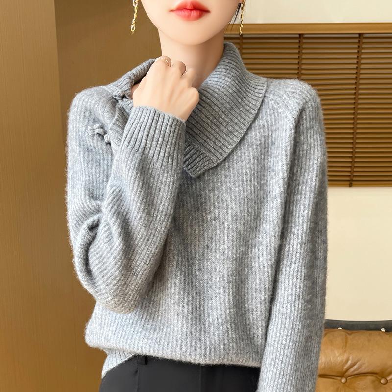 Women's Retro Chinese Lapel Wool Sweater with Frog Buttons