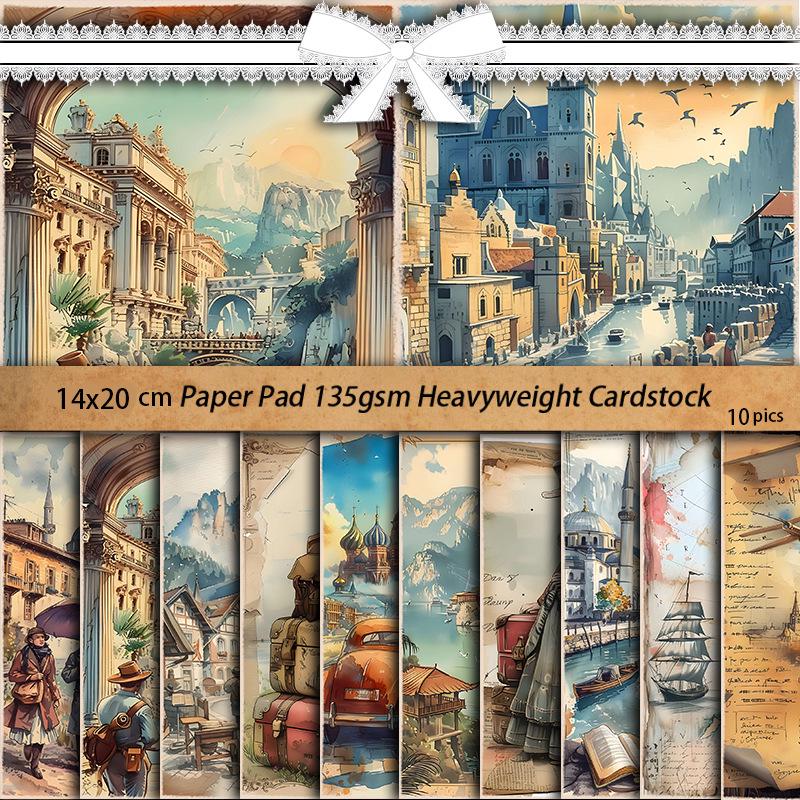 Retro Barcelona Lakeside Material Paper - European Cities Sea Pattern DIY, 10 Sheets