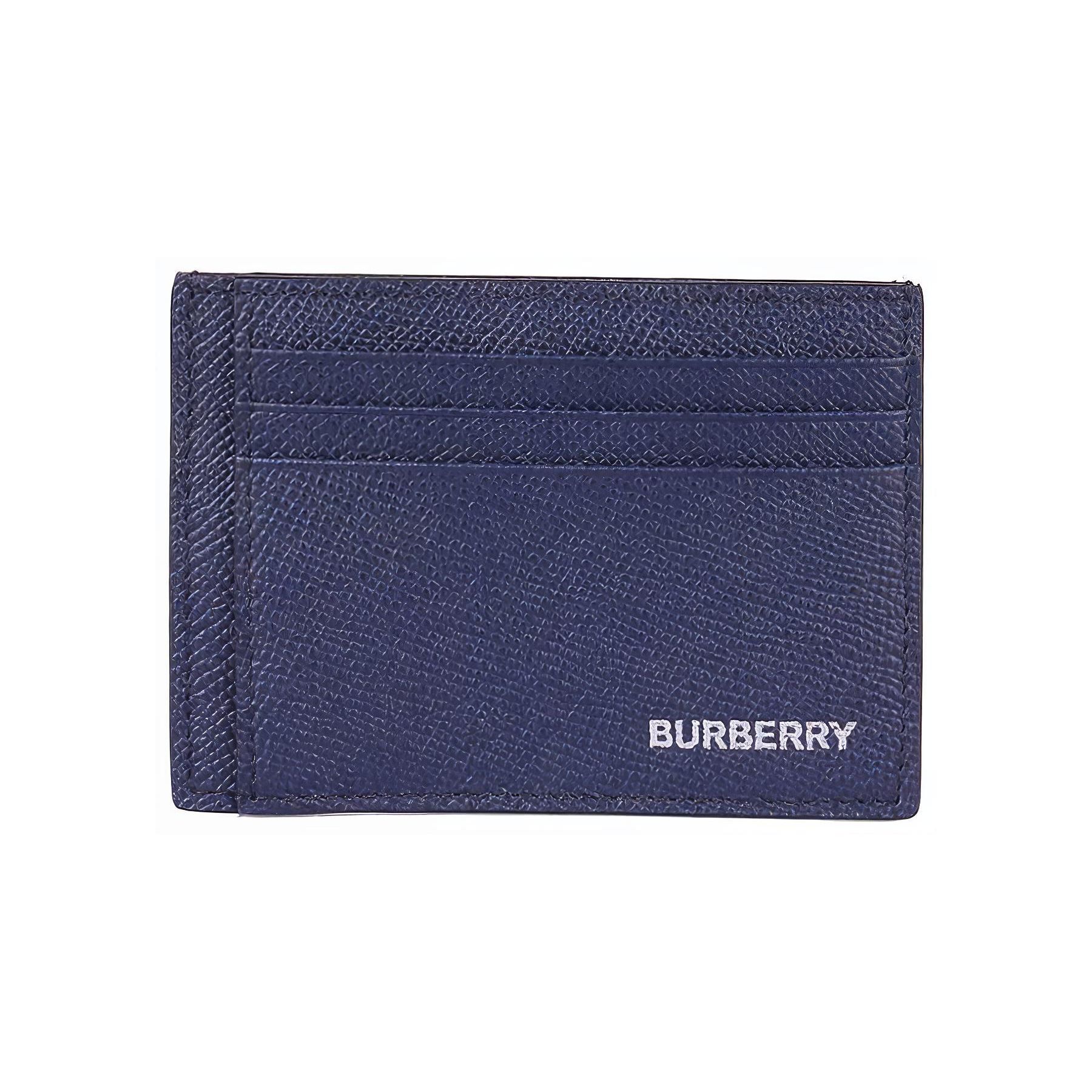Burberry Navy Blue Grained Leather Card Holder With Logo Print For Daily Use Basic Set (Bag+Dust Bag)