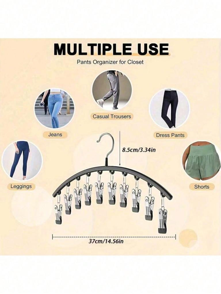 Clothes Hanger, Hanging Rack Space-Saving Curved Hanger For Yoga Pants And Leggings - Closet Organizer With 10 Clips