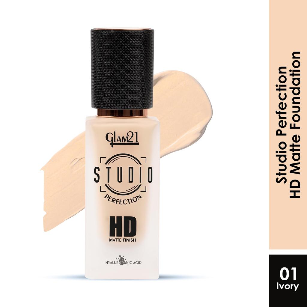 Glam21 Studio Perfection HD Matte Foundation - Matte Finish | Full Coverage Blendable | Long-Lasting Wear & Waterproof | Hyaluronic Acid Infusion |